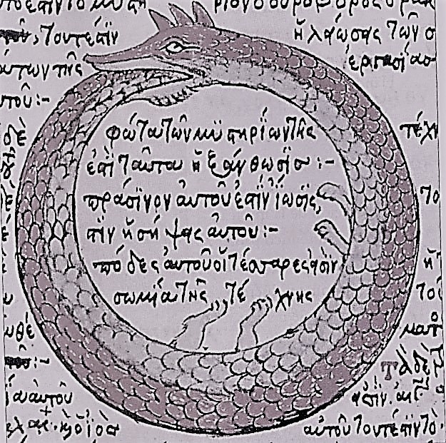 Ouroboros image 1478 drawing by Theodoros Pelecanos, of an alchemical tract attributed to Synesius
