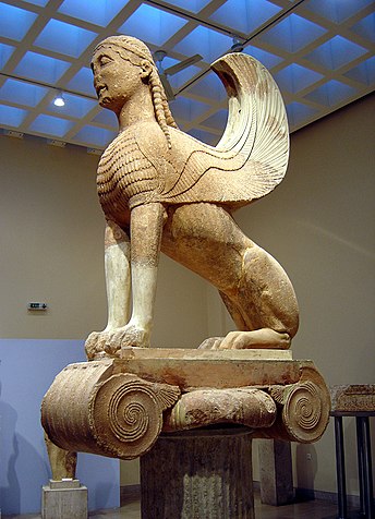 The Sphinx of Naxos, also Sphinx of the Naxians, now in the Archaeological Museum of Delphi is a colossal 2 meter tall marble statue of a sphinx a mythical creature with the head of a woman 650 BC