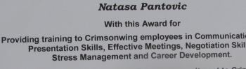 award for providing training in soft management skills working as Head of Business Development for 10 years