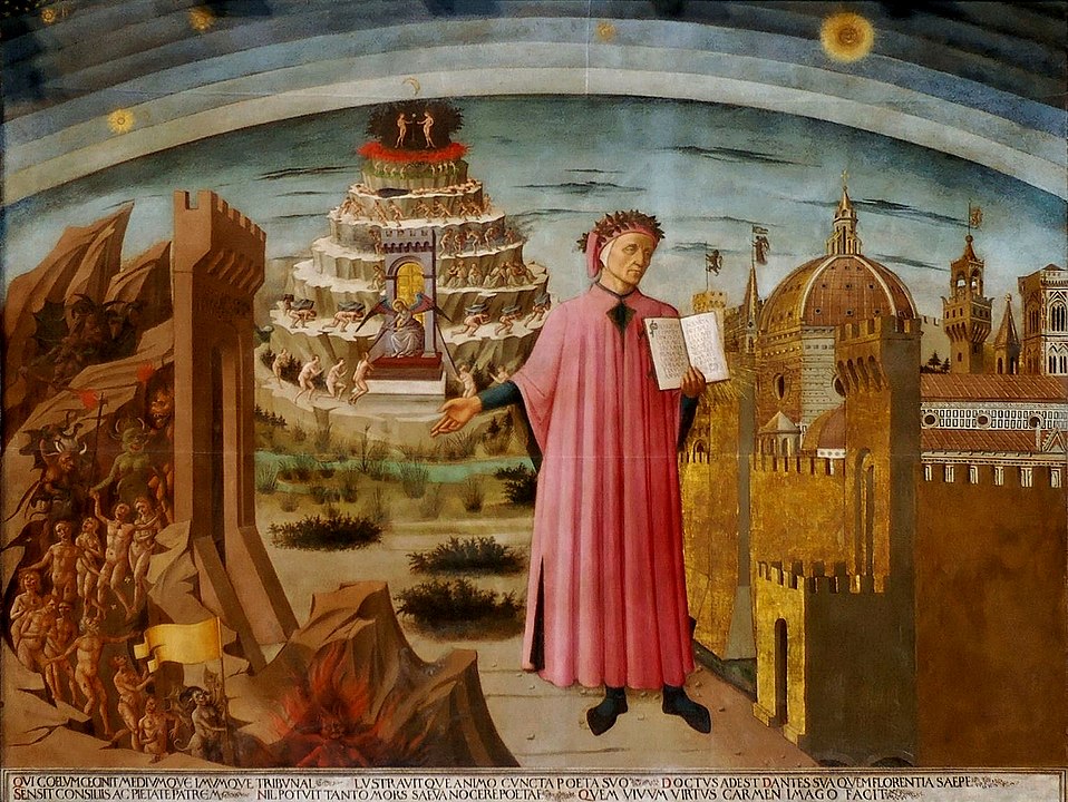Dante holding a copy of the Divine Comedy in Florence Michelino fresco