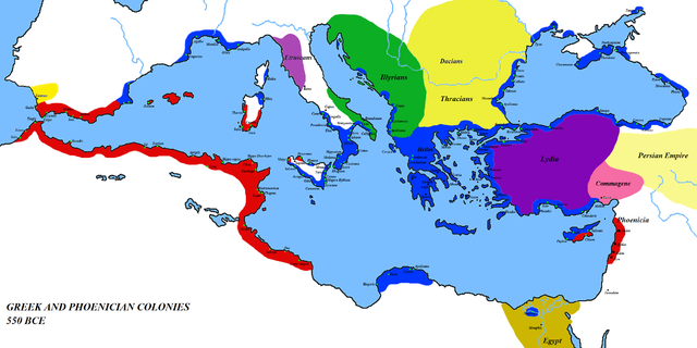 The Mediterranean in 6th century BC Phoenician settlements are labelled in red Greek areas in blue